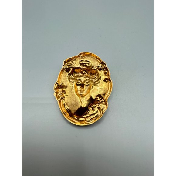 Gibson Girl Dimensional Repousse Gold Tone Art Nouveau Victorian Inspired Brooch - Picture 5 of 6